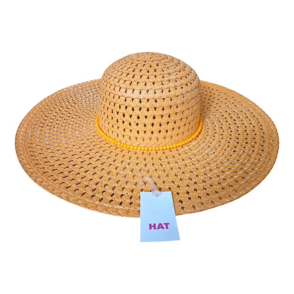 NEW Women's Orange Wide Brim Floppy Straw Sun Hat Beaded Trim One Size